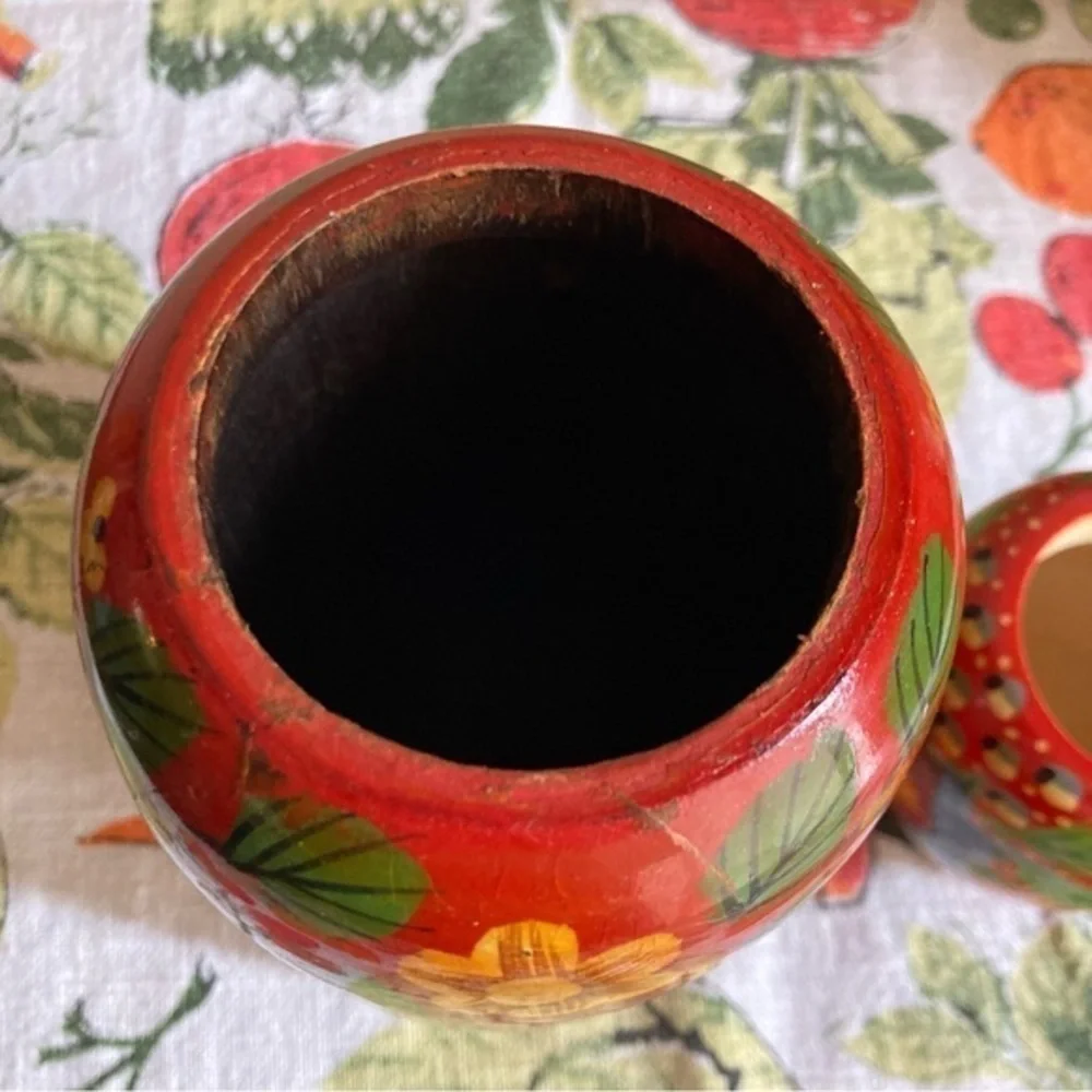 Retro Pier 1 Exports red painted decorative wooden jars with lids